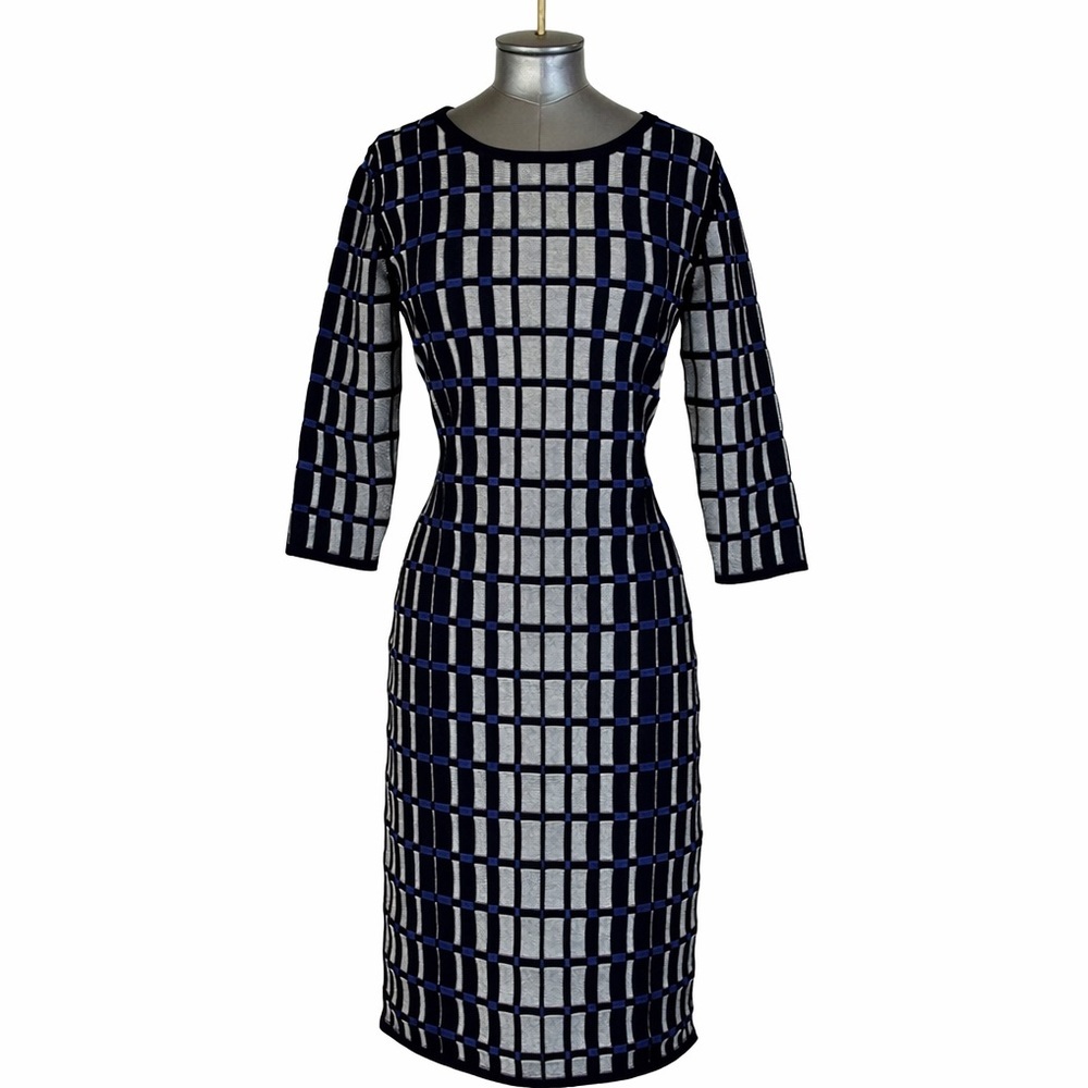 BOSS Hugo Boss Made in Italy Grid Knit Sheath Dress | XS | Navy/Black | Designer